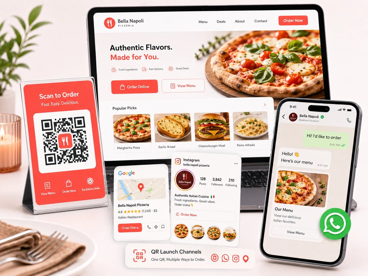Loglime QR launch channels showing restaurant QR menu access points